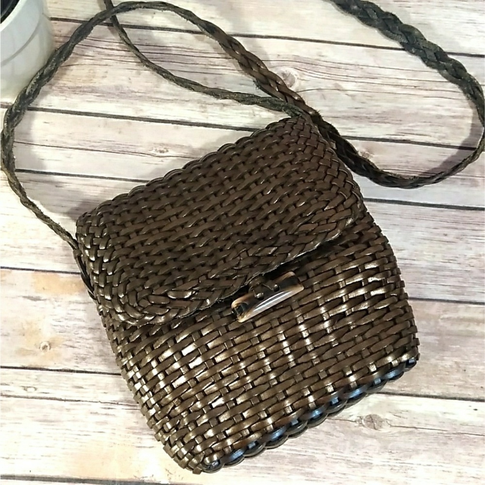 Dark brown leather basket weave crossbody purse - Picture 3 of 8